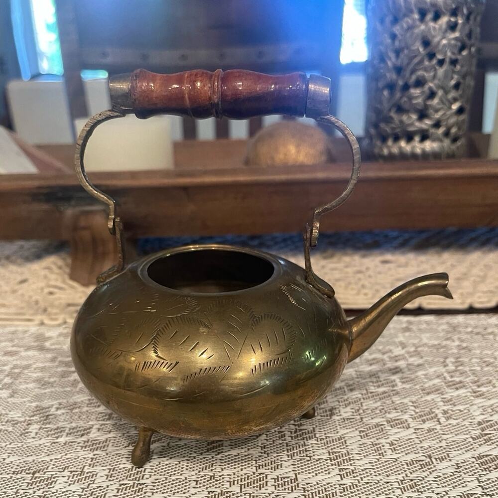 Vintage brass mini teapot with etching NO LID